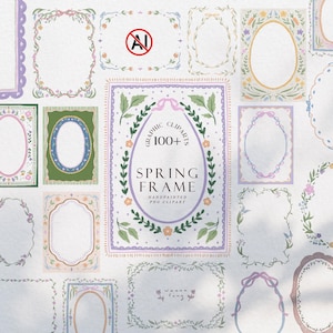 May include: A selection of hand-painted spring frame graphic cliparts. The frames are diverse in shape and design, with floral and leaf patterns in pastel shades such as lavender, green, and peach. The central frame displays the text "SPRING FRAME" and "100+ GRAPHIC CLIPARTS".