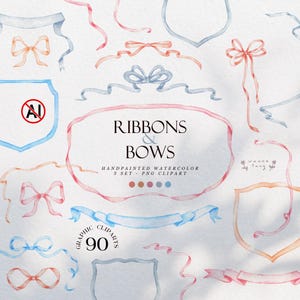 May include: Watercolor graphic clipart set featuring ribbons and bows in shades of pink, blue, and peach. The image includes various ribbon designs, bows, and decorative frames. Text on the image reads "Ribbons & Bows" and "Handpainted Watercolor 5 Set - PNG Clipart".