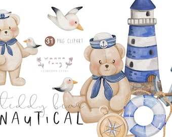 Könnte beinhalten: Ein Set mit 31 digitalen Clipart-Bildern zum Thema Nautik mit Teddybären, die Matrosenhüte tragen, Möwen, einem Leuchtturm, einem Kompass, einem Rettungsring und einem Anker. Der Text "teddy bear nautical" ist in Schwarz am unteren Rand des Bildes geschrieben.