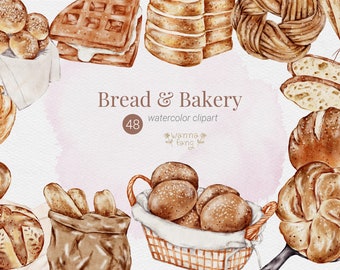 May include: Watercolor illustration of a variety of breads and pastries, including loaves, rolls, pretzels, croissants, and waffles. The image is titled "Bread & Bakery watercolor clipart 48 Wanna Tang".