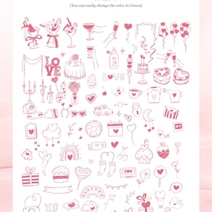Galentine's Day clipart bundle featuring 280+ feminine Valentine-themed illustrations in PNG, SVG, EPS, and AI formats, perfect for party invitations and social media designs.