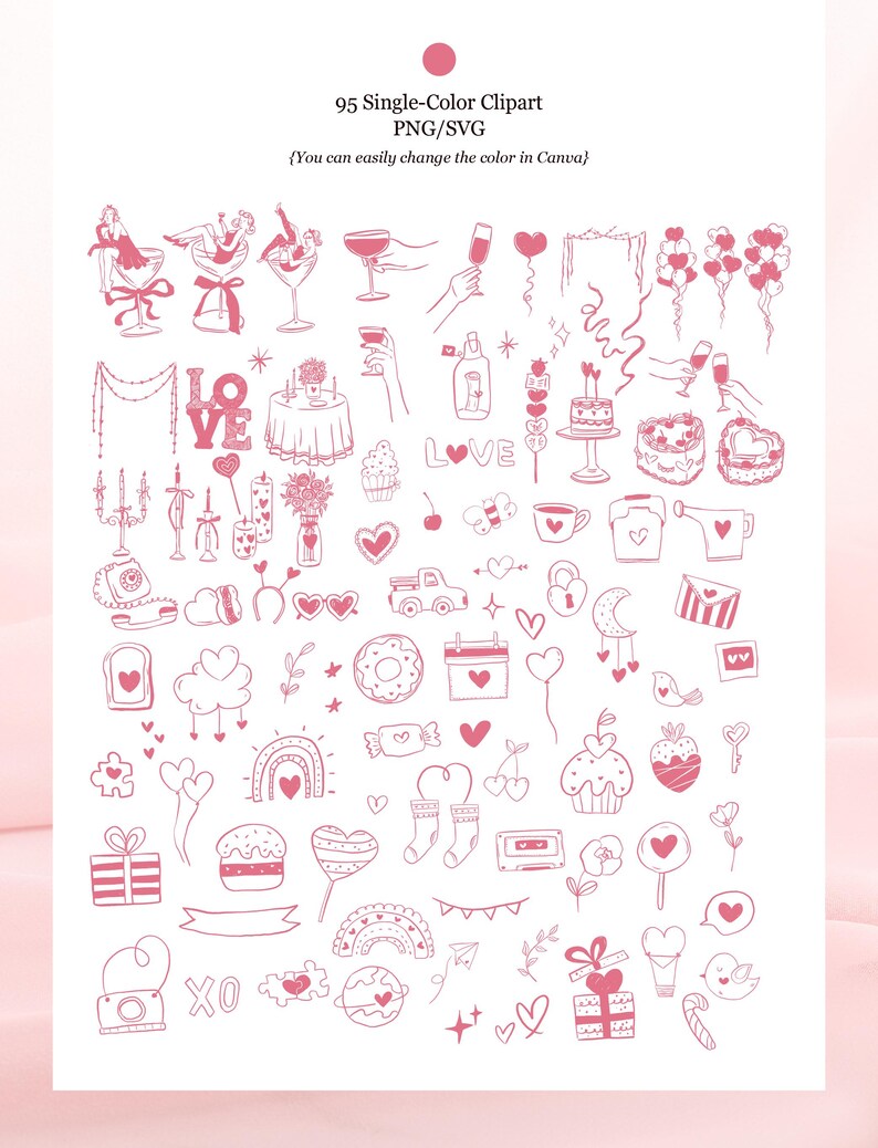 Galentine's Day clipart bundle featuring 280+ feminine Valentine-themed illustrations in PNG, SVG, EPS, and AI formats, perfect for party invitations and social media designs.