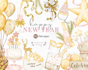 Watercolor Happy New Year Clipart: Christmas Ornaments (PNG, Instant Download)
