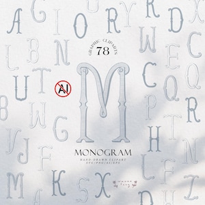 Puede incluir: Una colección de 78 letras del alfabeto y caracteres de monograma dibujados a mano en azul claro con un estilo serif decorativo. La letra M central se muestra con el texto 78 GRAPHIC CLIPARTS MONOGRAM HAND-DRAWN CLIPART SVG/PNG/AI/EPS.
