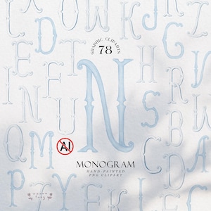 Può includere: Una collezione di 78 lettere dell'alfabeto e caratteri monogramma dipinti a mano in azzurro su sfondo bianco. Sono visibili il testo 78 GRAPHIC CLIPARTS, MONOGRAM HAND-PAINTED PNG CLIPART e un simbolo circolare rosso di divieto IA.