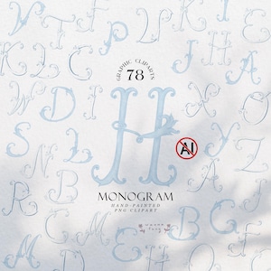 Puede incluir: Una colección de 78 letras del alfabeto y monogramas decorativos de color azul claro con tipografía ornamentada de estilo pintado a mano. La letra H central se muestra de forma prominente, rodeada de otras letras sobre un fondo blanco.