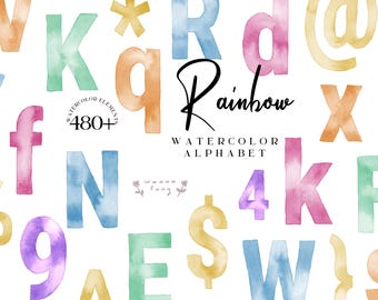 Watercolor Rainbow Alphabet Clipart: Kids Font (Digital PNG)
