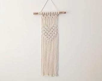 Macrame Heart Wall Hanging: Cream Cotton Cord, Natural Wood