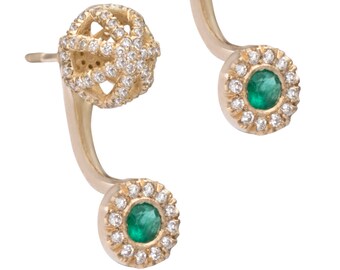 14K Solid Gold Modular Earrings with Emeralds and Diamonds, Removable Dangles with Natural High-Quality Emerald, May Birthstone
