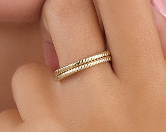 Thin Stackable Ring in 14K Solid Gold, Modern Twisted Stacking Ring, Slim Gold Band