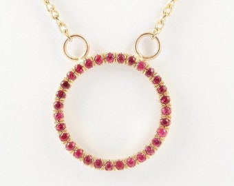 Handmade 14K Solid Gold Circle Pendant with Rubies, Round Natural Ruby Necklace, Red Gemstone Pendant