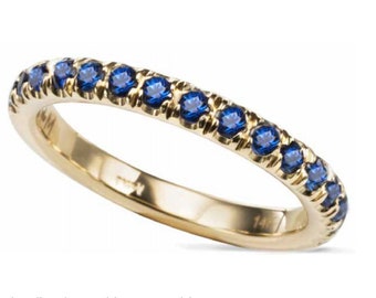 14K Solid Gold Ring with High-Quality Natural Sapphires, Half-Eternity Stacking Ring, Stackable Band with Blue Stones, September Birthstone