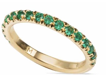 14K Solid Gold Ring with High-Quality Natural Emeralds, Half-Eternity Stacking Ring, Slim Stackable Band, Green Stones, May Birthstone Gift
