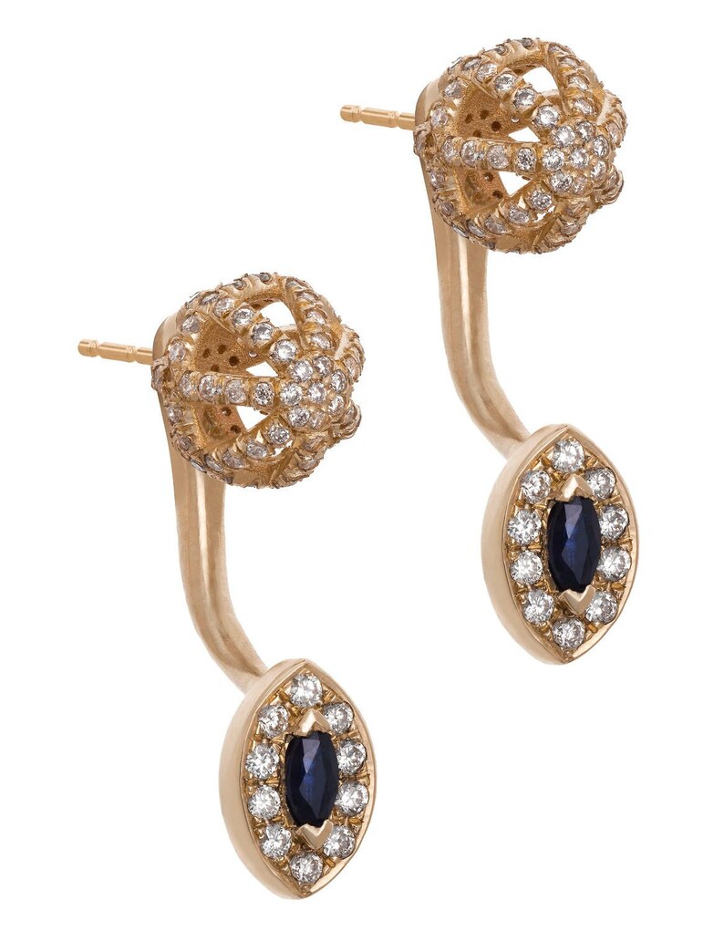 14K Solid Gold Modular Earrings with Sapphires and Diamonds, Rem 14K Solid Gold Modular Earrings with Sapphires and Diamonds, Rem