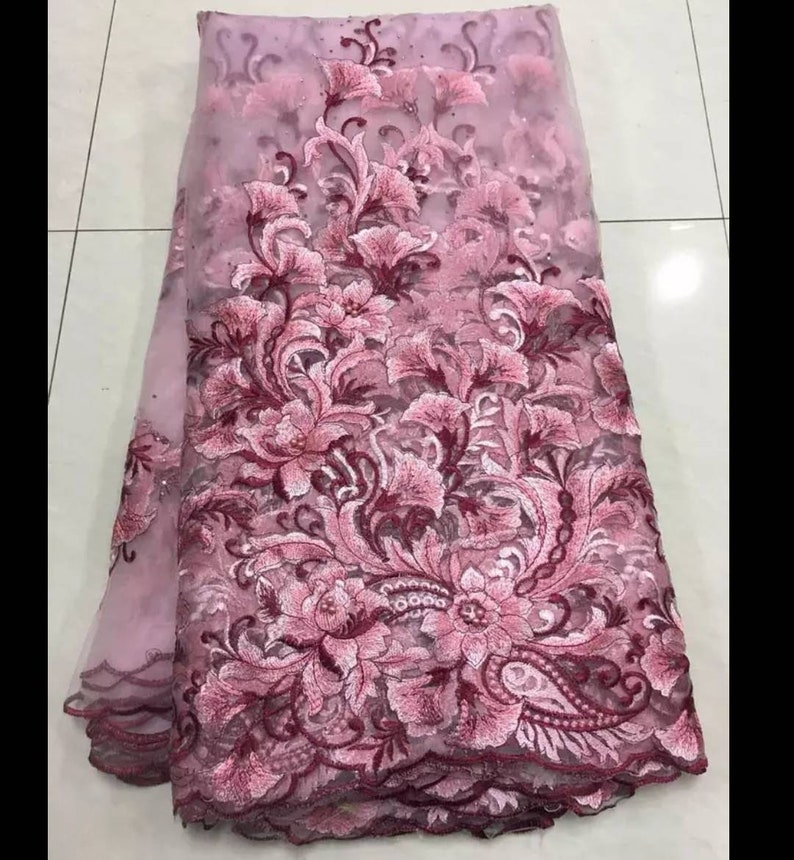 2019 Latest African Lace Fabric Pink Tulle Lace Fabric With Beads High Quality African Nigerian Wedding Fabric FREE DELIVERY