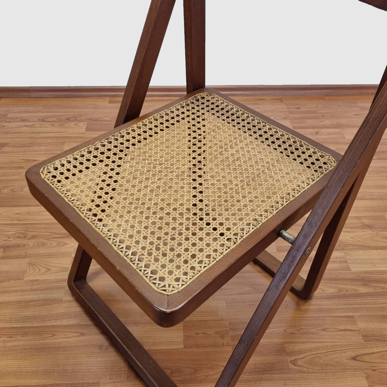ミッドセンチュリーモダン折りたたみ椅子、木製と籐の椅子、イタリア
