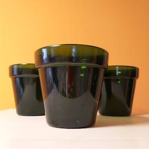 Könnte beinhalten: Drei dunkelgrüne Glas-Pflanzgefäße, jedes mit einem abgerundeten Boden und einem leicht ausgestellten Rand. Die Gefäße sind in einer Reihe auf einer weißen Oberfläche angeordnet.