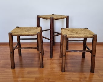 1 of 3 Vintage Rustic Stools, Wood and Cane Stools, Italy 80s