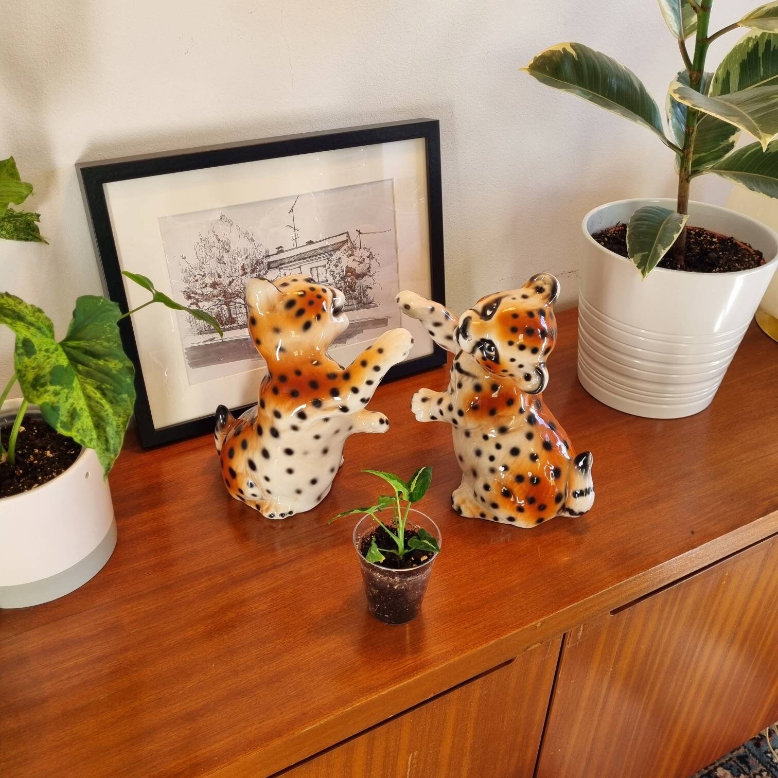 Pair Of Vintage Ceramic Cheetah Cubs, Italy 80S