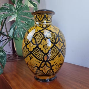 Vintage Yellow Hand Painted Vase, Italian pottery, Italy 70s