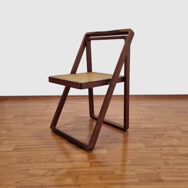 Mid Century Modern Folding Chair, Chaise en bois et cane, Italie années 70