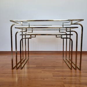 Satz Drei Satztische Aus Glas Und Goldmetall, Italien 70er Jahre
