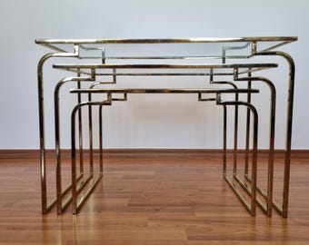Set Of Three Nest Tables In Glass And Gold Metal, Italy 70s