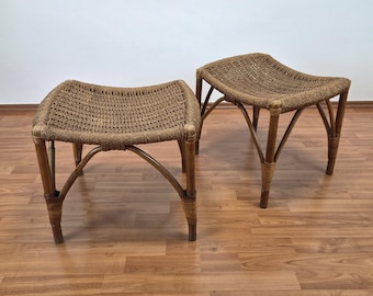 Pair of  Bamboo, Rattan and Rope Stools, France 60s