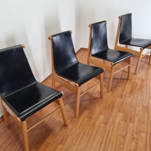 Set Of 4 Wood And Leather Dining Chairs, Italy 80s