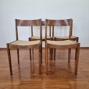 Set Of 4 Cane And Wood Dining Cairs, Scandinavian Design, 70s