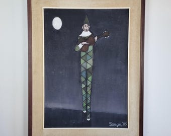 Vintage Painting, Harlequine With Guitar, Italy 90s