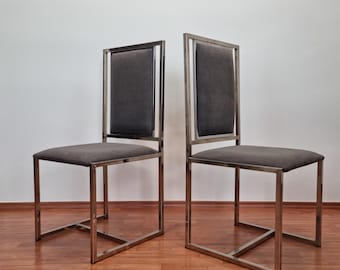 Pair Of Mid Century Modern Willy Rizzo Style Chrome and Fabric Chairs, Italy 70s