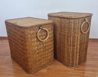 1 of 2 Vintage Rattan And Bamboo Loundry Baskets, Italy 80s