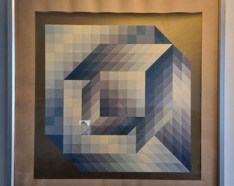 Vintage Victor Vasarely Fine Art Print, Opart Print, 70s
