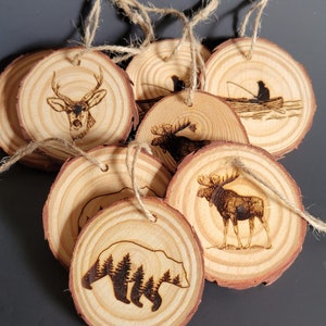 BULK Wood Christmas Ornaments, 8pc Wholesale Ornaments, Wood Slice Ornaments, Rustic Ornament Animals, Bear, Moose, Deer, Fisherman Fishing image 1