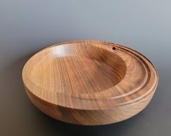 Off-Center Walnut Wood Bowl with Embellishments - Home Decor Rustic Farmhouse Modern Unique Different Turned Wooden Dish for Practical Use