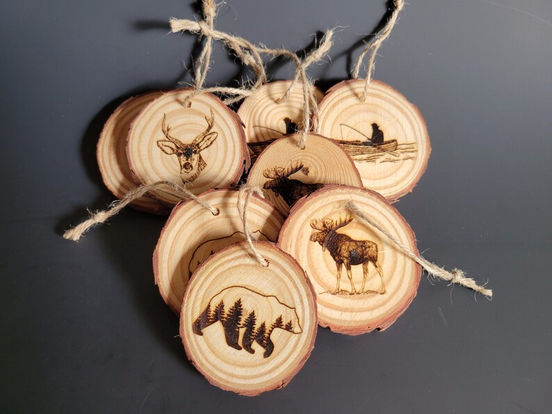 BULK Wood Christmas Ornaments, 8pc Wholesale Ornaments, Wood Slice Ornaments, Rustic Ornament Animals, Bear, Moose, Deer, Fisherman Fishing image 1