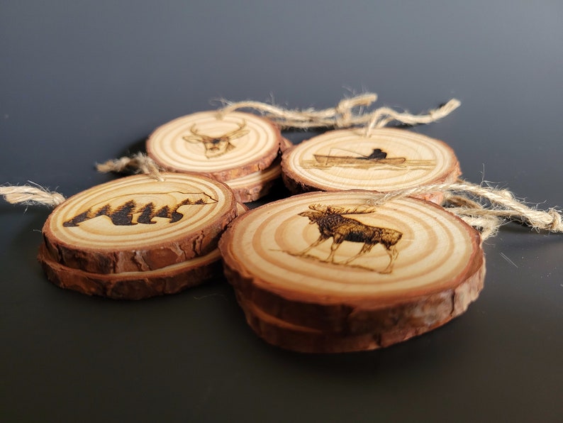 BULK Wood Christmas Ornaments, 8pc Wholesale Ornaments, Wood Slice Ornaments, Rustic Ornament Animals, Bear, Moose, Deer, Fisherman Fishing image 8