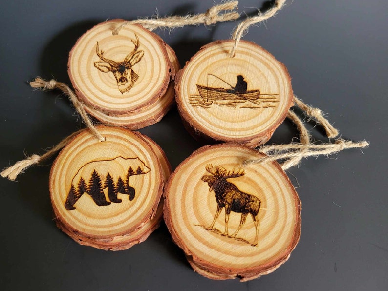 BULK Wood Christmas Ornaments, 8pc Wholesale Ornaments, Wood Slice Ornaments, Rustic Ornament Animals, Bear, Moose, Deer, Fisherman Fishing image 3