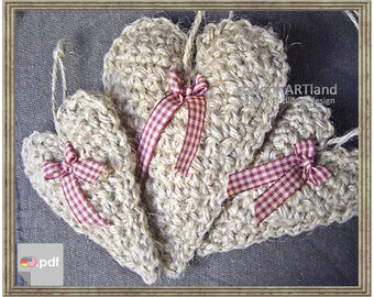 Farmhouse Burlap Heart - Jute Cottage Decoration - Ornament - crocheted jute hearts - CROCHET PATTERN - Instant Download PDF