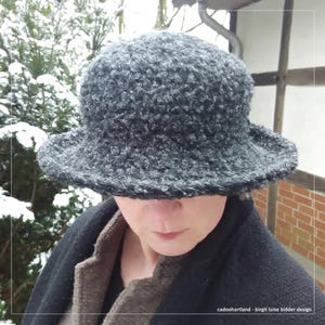 May include: A gray, fuzzy, wide-brimmed hat with a rounded crown. The hat is worn by a person in a dark coat, with only the person's face visible.