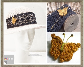 Lady Linnets Butterfly jewelry - hatpin, brooch, butterfly applique, home garden decor - jute, linen, CROCHET PATTERN - Instant Download PDF