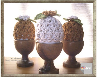 Primrose egg cozy -  with pearl and blossom bouquet - lace shaped - CROCHET PATTERN - Instant Download PDF