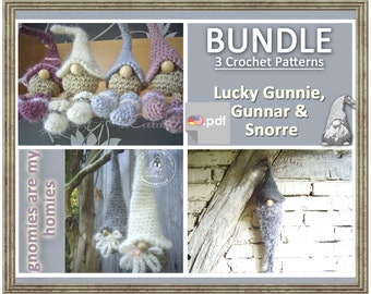 Bundle of 3 -  gnomes - Discounted Crochet Patterns: Lucky Gunnie, Ice Gnome Gunnar & House Gnome Snorre -  Special Price
