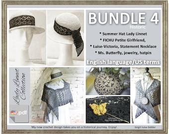 Bundle of 4 Discounted Historical Crochet Patterns: Summer Hat Lady Linnet, Fichu Petite Girlfriend, Necklace and Jewelry  -  Special Price