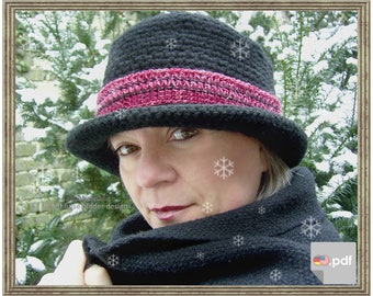 Black Eloise - Winter Bowler - winter women hat - CROCHET PATTERN - Instant Download PDF