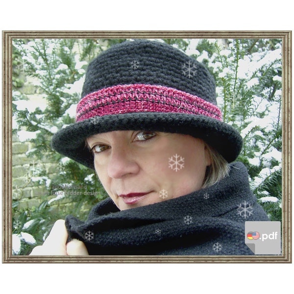 Black Eloise - Winter Bowler - winter women hat - CROCHET PATTERN - Instant Download PDF