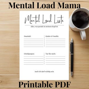 Peut inclure: Un PDF imprimable avec le texte "Mental Load Mama" et "Mental Load Liste". La liste comprend des sections pour "Haushalt", "Kinder & Familie", "Erledigungen" et "Nur für mich". Une tasse de café et un stylo sont également sur la surface en bois.