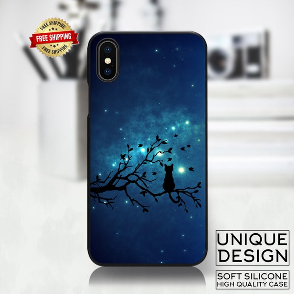 Night Cat in a Tree aurora Sky Galaxy Phone Case for Samsung Galaxy S10 S10e S9 S8 Plus S7 ; iPhone 8, 8 Plus,  X, XR,  XS,  XS Max Gift 080