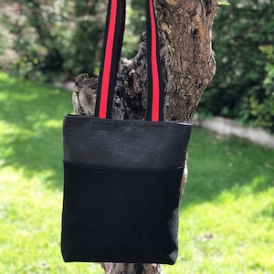 Pinatex™ Black an Recycled PET Totebag, Recycled Pinatex ToteBag, Vegan Leather Piñatex ToteBag, Piñantex Black, Red and Black Handles